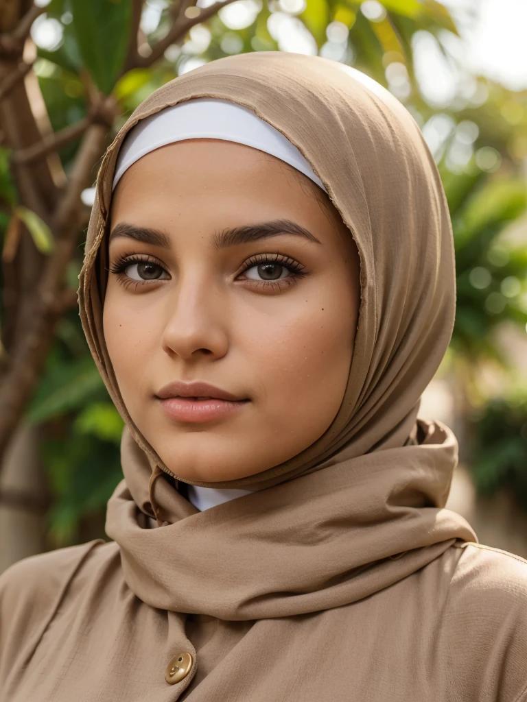 A young tanned brunette woman, de nationalité marocaine. She is a Muslim aged 26. Elle porte un hijab légitime et un long jilbab. Elle a des yeux de forme noisette et de colleurs marron foncé. Sa taille est de 158 cm et son poids est de 65 kg. Son nez est de forme button . She has a mole under her lips on the right and another above her lip on the left.