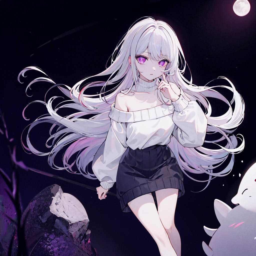 ((Best quality)), ((masterpiece)), (detailed), 1 girl, short off-shoulder sweater, attractive girl, slender legs, Violet eyes, albino, night time, white-haired, full length, your eyes are like two cursors - blinking on your face
