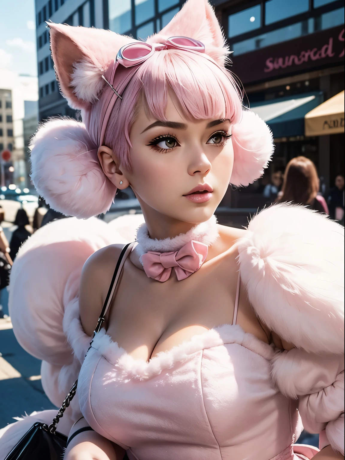 close-up, a humiliated woman, early 20's, downtown wearing a enormously puffy but super short ball gown, pink buzzcut, hair bows, super wide collar, fluffy boots, fluffy purse, pompom, Massive cat ears, glamorous makeup