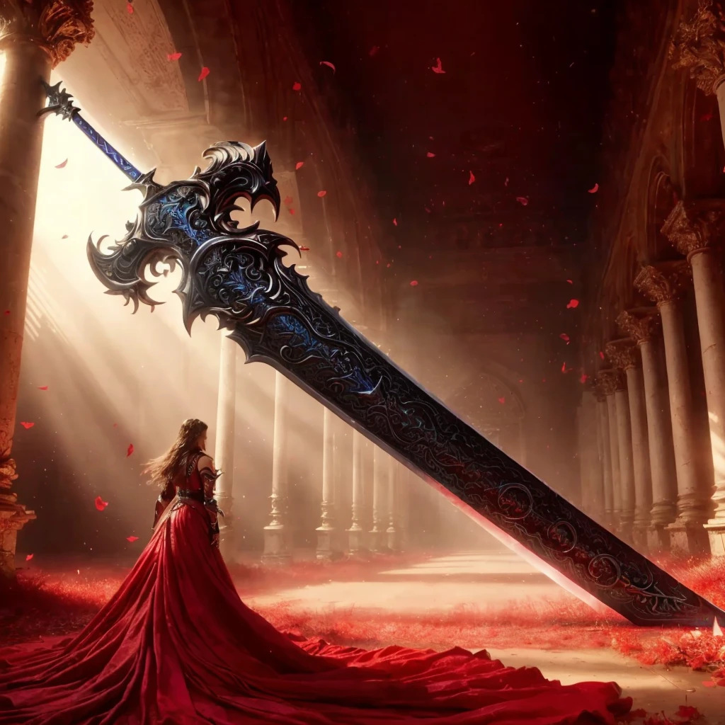 uma mulher com um vestido vermelho parada em uma sala com uma espada, linda espada, epic fantasy weapon art, espada enorme, espada grande, epic fantasy novel cover art, long sword in hand, enorme espada enorme, espada de fantasia, por Yang J, fantasy blade, com espada grande, adrian smith fantasia arte, espada de fantasia of warrior, espada gigante