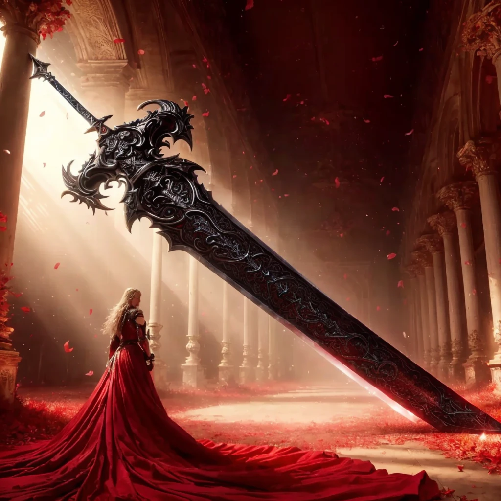 uma mulher com um vestido vermelho parada em uma sala com uma espada, linda espada, epic fantasy weapon art, espada enorme, espada grande, epic fantasy novel cover art, long sword in hand, enorme espada enorme, espada de fantasia, por Yang J, fantasy blade, com espada grande, adrian smith fantasia arte, espada de fantasia of warrior, espada gigante