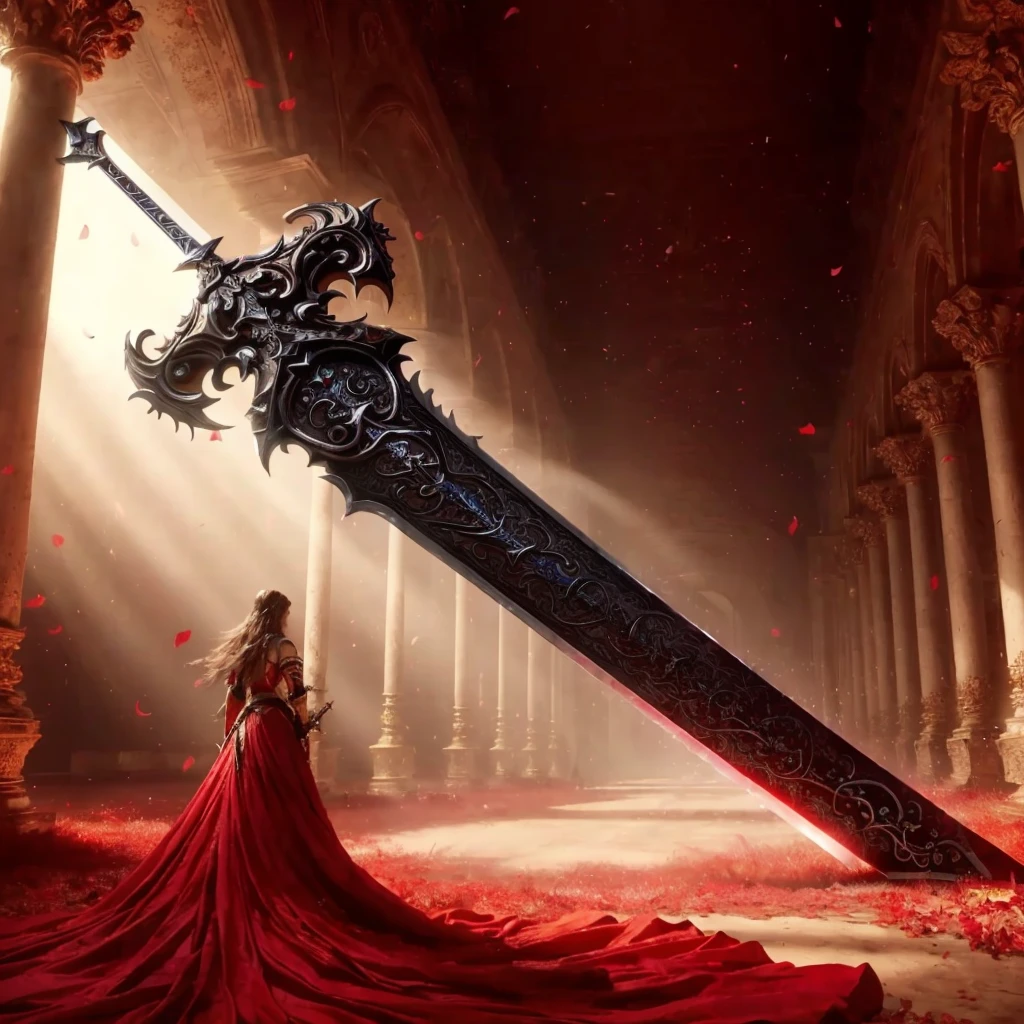 uma mulher com um vestido vermelho parada em uma sala com uma espada, linda espada, epic fantasy weapon art, espada enorme, espada grande, epic fantasy novel cover art, long sword in hand, enorme espada enorme, espada de fantasia, por Yang J, fantasy blade, com espada grande, adrian smith fantasia arte, espada de fantasia of warrior, espada gigante