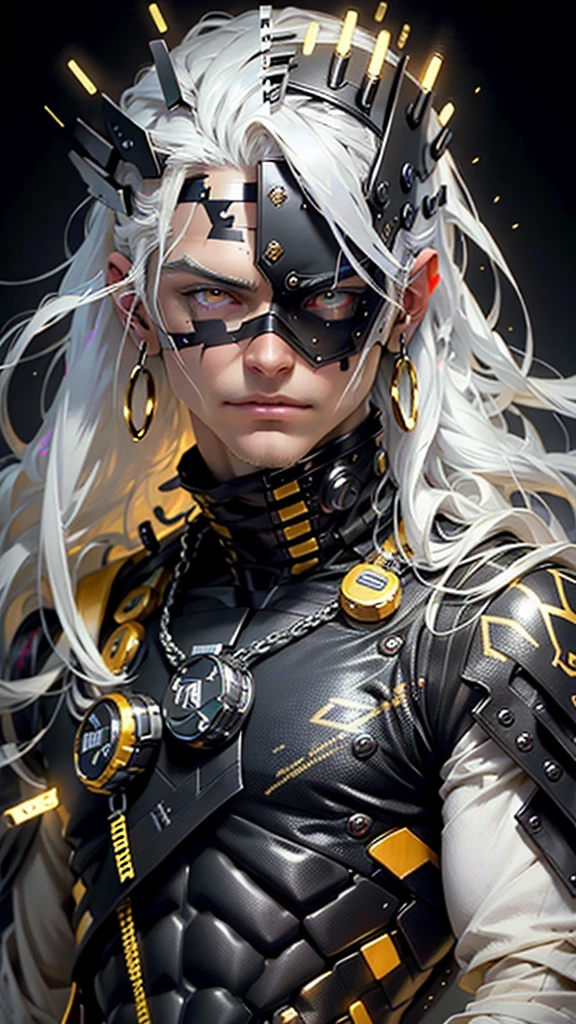 Generate an image of a detailed extreme close-up of a handsome cybernetic male angel , with long straight white hair and super fined detail radiant gold/black eyes color combination with intricate engraved golden marking on his face , smirking expression teeth expose a little, in super with black feather falling on his foreground high qaulity image, ultra detailed , 32k high resolution
