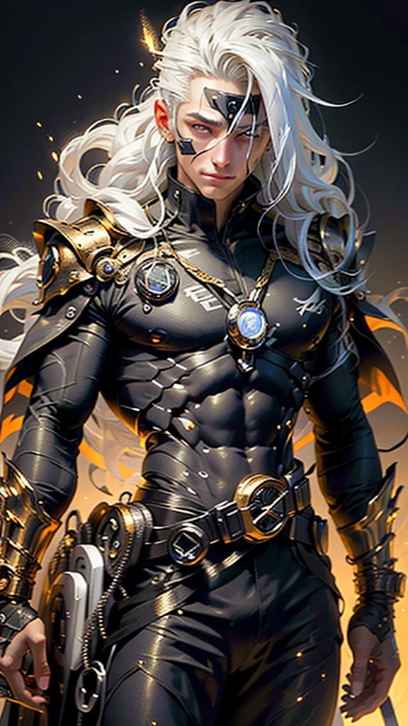 Generate an image of a detailed extreme close-up of a handsome cybernetic male angel , with long straight white hair and super fined detail radiant gold/black eyes color combination with intricate engraved golden marking on his face , smirking expression teeth expose a little, in super with black feather falling on his foreground high qaulity image, ultra detailed , 32k high resolution