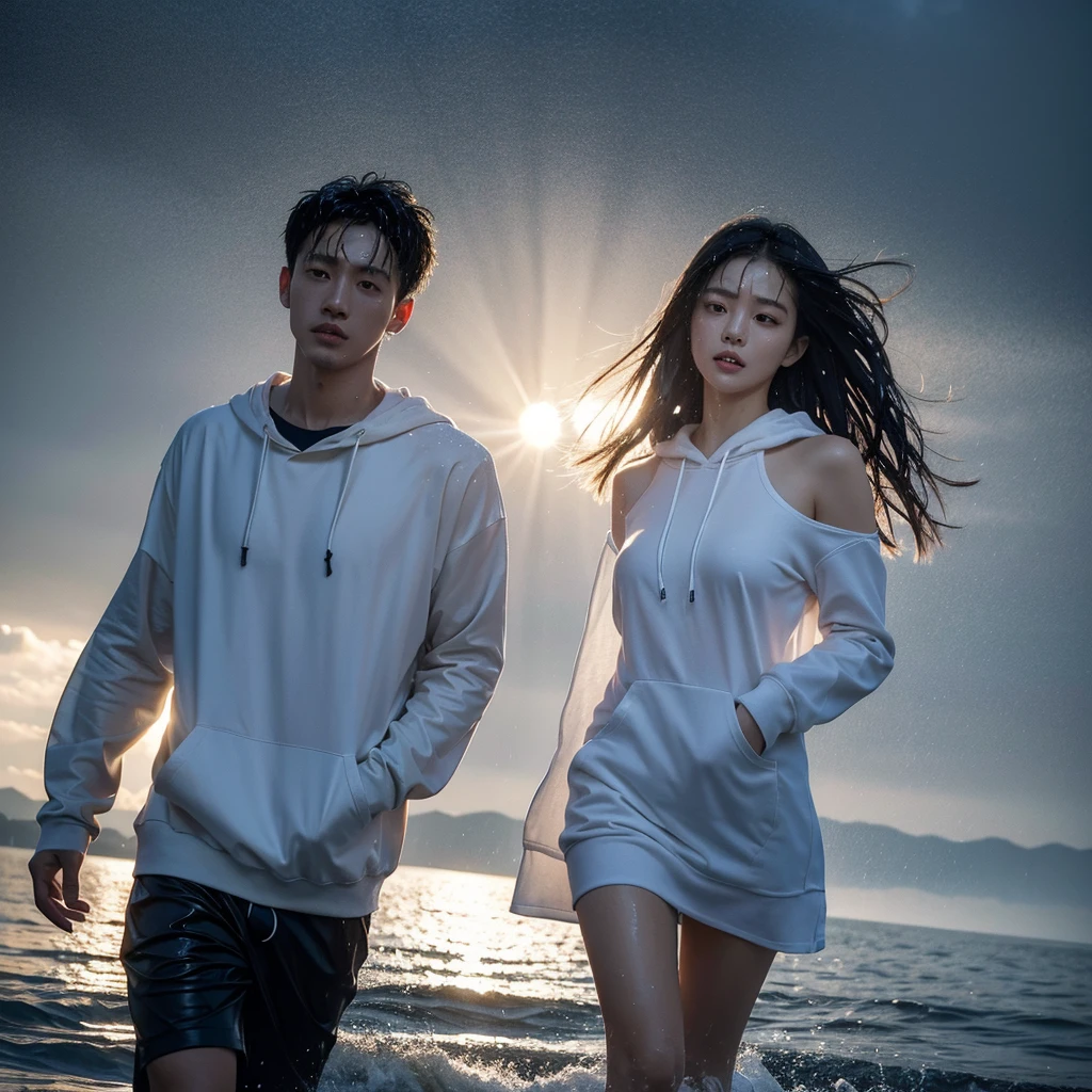 Cinematic, Wide shoot, full shoot, Best picture quality, ultra high resolution, (fidelity :1.4) korean couple, there is man is running in front and pull the hand the woman behind him,(happyness), white shirt black hoodie, Dim, gust wind, dark, (afternoon), (Wet clothes:1.4), looking the camera, perfect faces, bare shoulders, Real rain, wet hair, cinematic, god rays, ray tracing, reflection light, Expressionism, Realism, masterpiece, highres, 16k, textured skin, anatomically correct