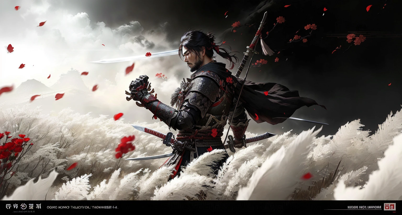 Male Three Kingdoms warrior holding a sword and red flowers in the background, Ghost of Tsushima, Inspired by Yoshihiko Wada, Inspired by the, Traditional Japanese concept art, 作为warrior, High quality digital concept art, warrior, Ronin, Akihiko Yoshida. Unreal Engine, 4K Fine Digital Art, 4k highly detailed digital art