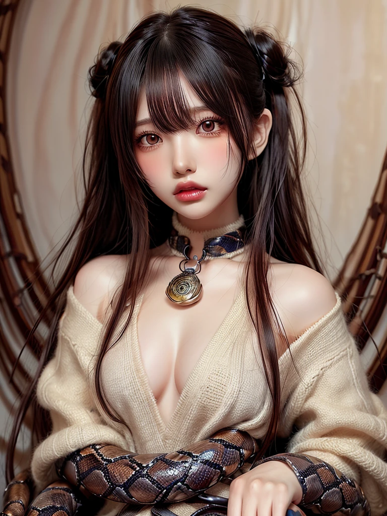 Anime girl with a snake around her neck, Her many snake-like hair, Snake Woman hybrid, Woman with a snake face, Snake Woman, Blending with snakes, The seeds of trend art, Snakes in hair, Serpent Queen, Hybrid human snake, by ヤン・J., Highly detailed artistic sprouts, Artgerm Style, rossdraws Sakimimi-chan, Detailed digital anime art