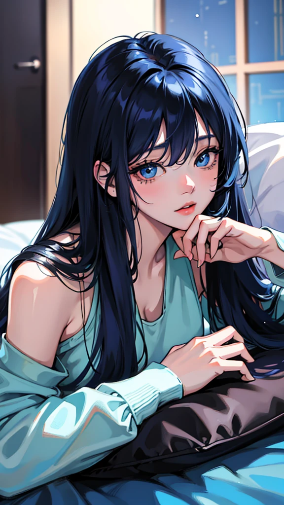 Anime shoujo,Black medium long hair, A blue gradient behind the hair,With bangs,blue color eyes,Sleep on your stomach on your table,Sleeping position,a beautiful anime portrait, style of anime4 K, Stunning anime face portrait, Detailed digital anime art, Anime art wallpaper 8 K, Beautiful anime face, Anime style. 8K, anime visual of a cute girl, Anime art wallpaper 4k, Anime art wallpaper 4 K, blue shining eyes,A half body,Lie on the pillow,holding cell phone