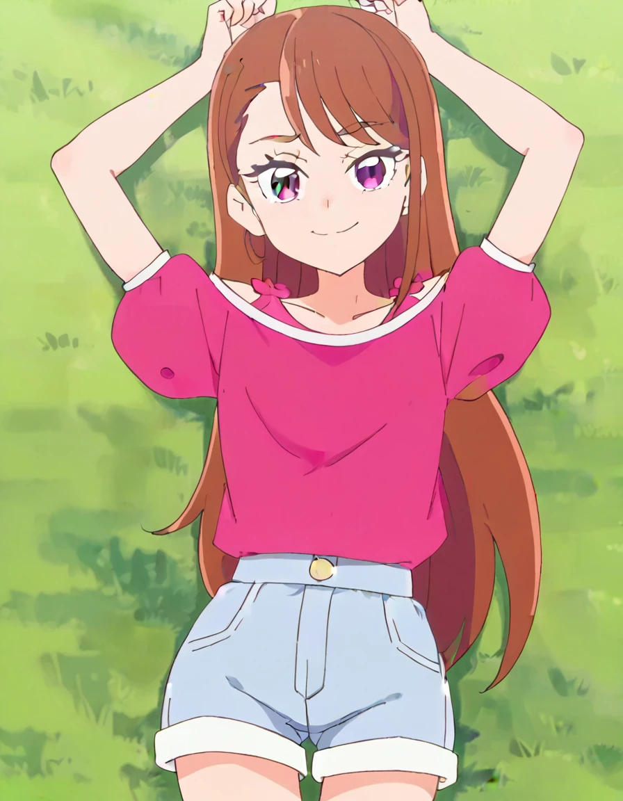 hijiri ageha, brown hair, long hair, purple eyes,
pink shirt, off-shoulder shirt, puffy short sleeves, denim shorts, high quality, solo, lying, on back, arms up, spread arms, closed mouth, on grass, (cowboy shot:1.5), looking at viewer, nervous, smile, best quality, smirk,