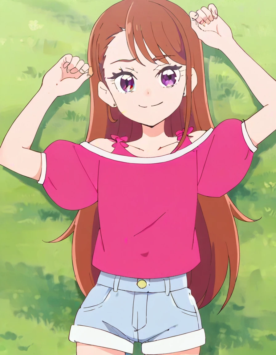 hijiri ageha, brown hair, long hair, purple eyes,
pink shirt, off-shoulder shirt, puffy short sleeves, denim shorts, high quality, solo, lying, on back, arms up, spread arms, closed mouth, on grass, (cowboy shot:1.5), looking at viewer, nervous, smile, best quality, smirk,