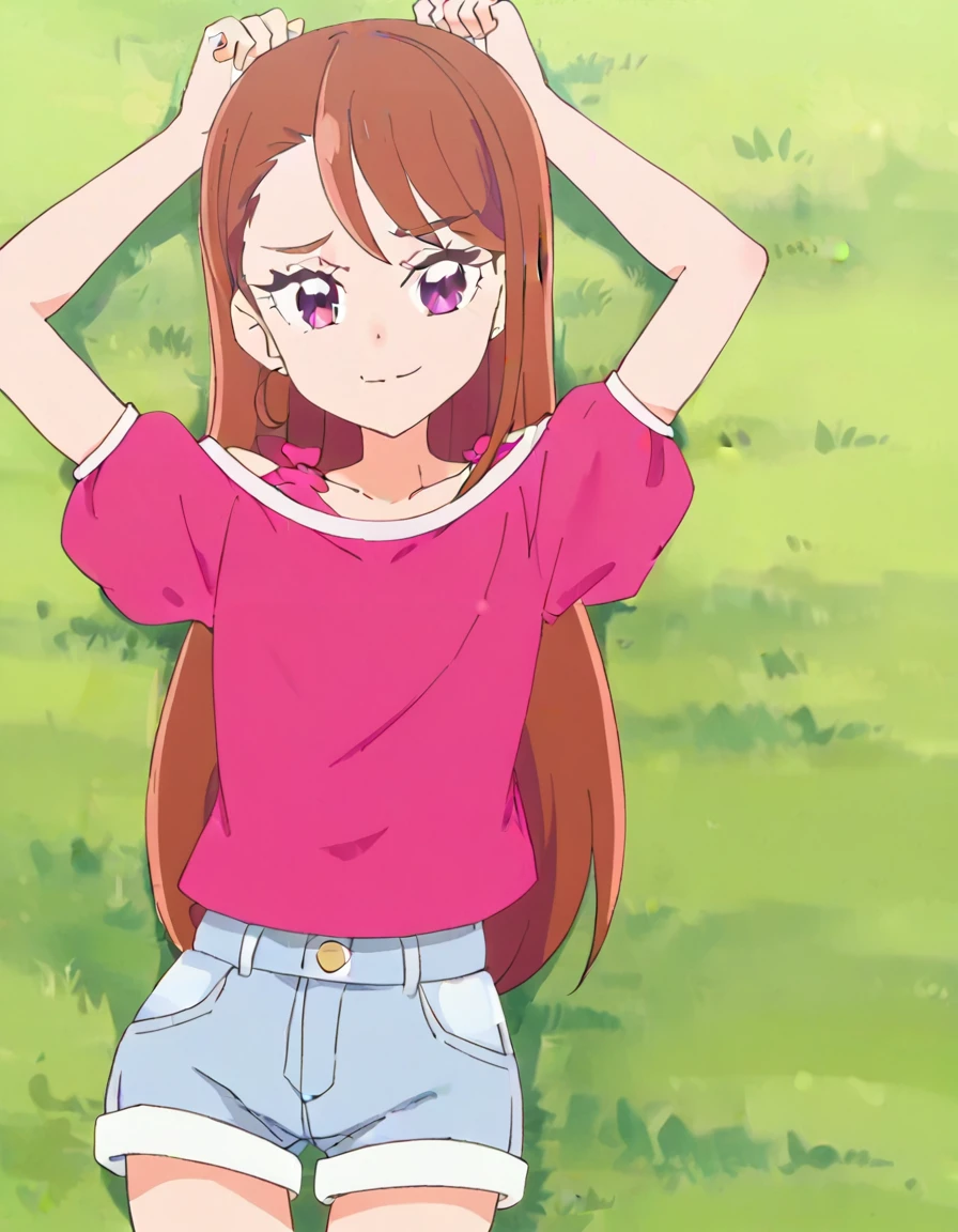 hijiri ageha, brown hair, long hair, purple eyes,
pink shirt, off-shoulder shirt, puffy short sleeves, denim shorts, high quality, solo, lying, on back, arms up, spread arms, closed mouth, on grass, (cowboy shot:1.5), looking at viewer, nervous, smile, best quality, smirk,