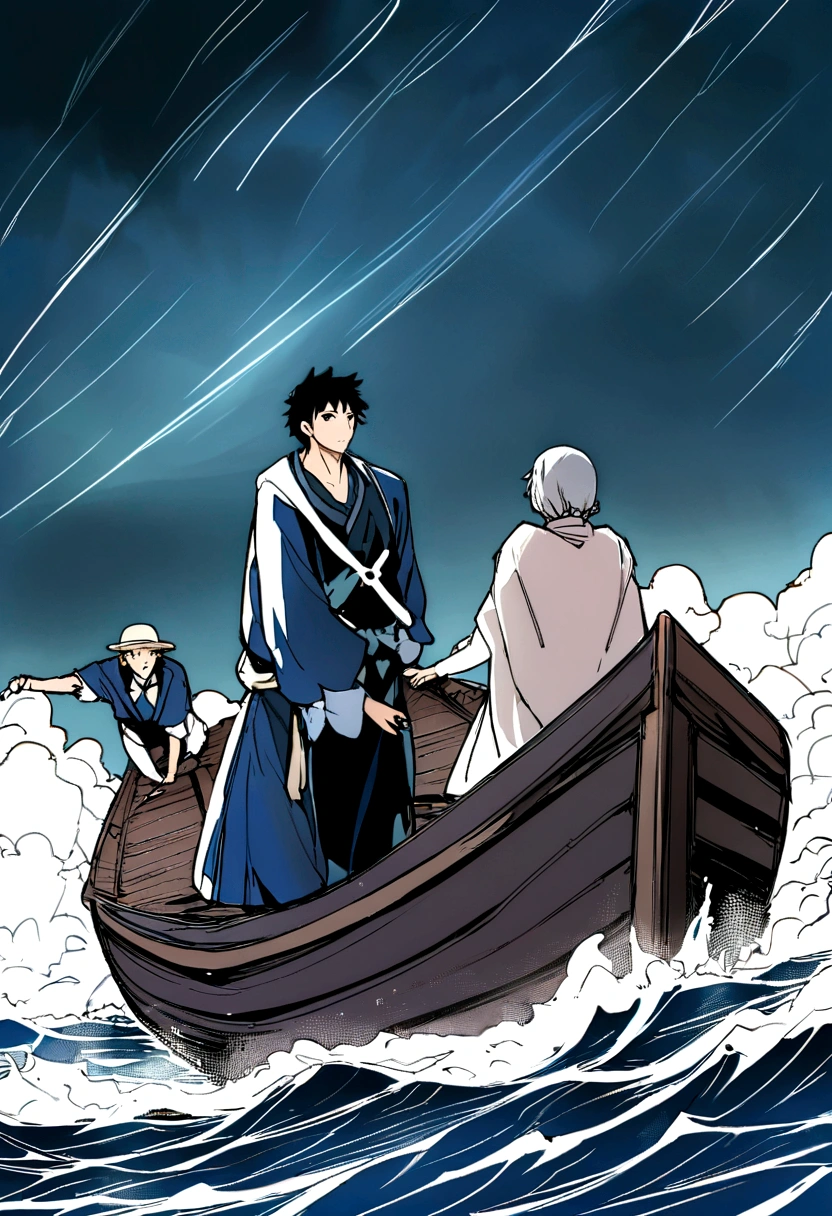 create an image of the Bible story where the disciple Peter walks on water, a strong storm at night, a boat in the middle of the sea, men in Jewish clothes. A Jewish man helps the other to get into a boat in the middle of a strong storm at night., anime idea, more realyst, more nine mam in the boat. realist like anime.