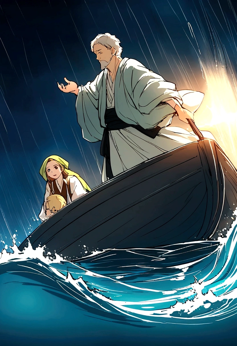 create an image of the Bible story where the disciple Peter walks on water, a strong storm at night, a boat in the middle of the sea, men in Jewish clothes. A Jewish man helps the other to get into a boat in the middle of a strong storm at night., anime idea, more realyst, more nine mam in the boat. realist like anime.
