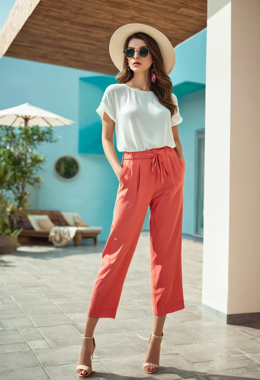 , Beautiful attractive woman , stand up, modern summer style, full-length