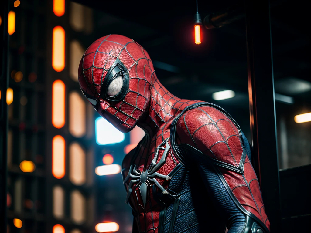 gloomy portrait of Bloody Spider-Man from Marvel with intricate angular cybernetic implants inside a brutalist building, gothic brutalist cathedral, cyberpunk, award-winning photo, bokeh, neon lights, cybernetic limb