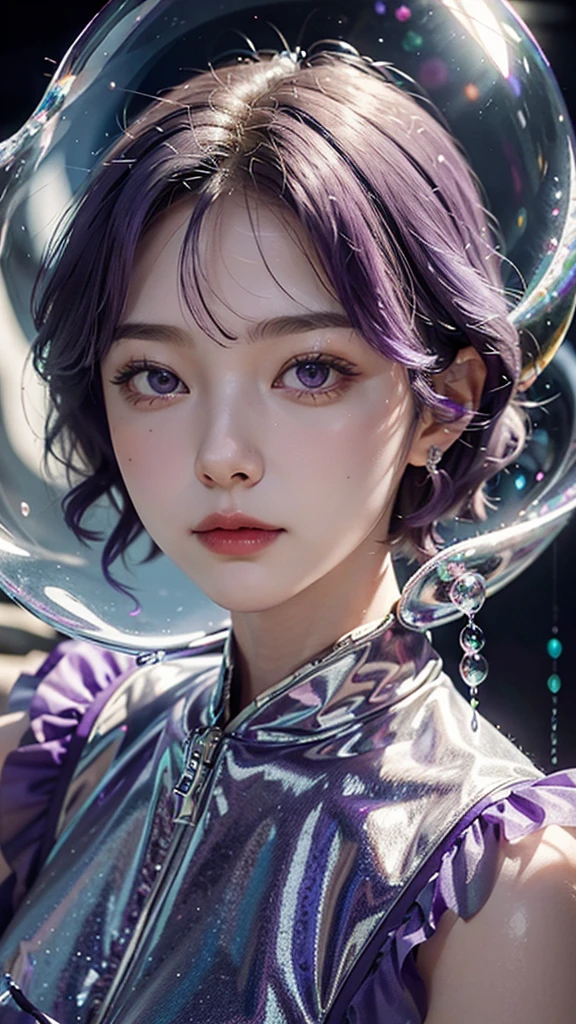 solo, 1girl, purple eyes, purple hair, bubble, looking at viewer, portrait, half-closed eyes, short hair, closed mouth,shiny bubbles,bubbles, colour shining in bubble, reflective bubbles,bubbles ,bubbles all around, turning into bubble