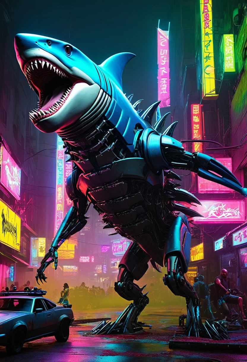 colorido tubarão zombie robot metal big dangerous shark jaws color cyberpunk 2099 blade runner 2049 neon