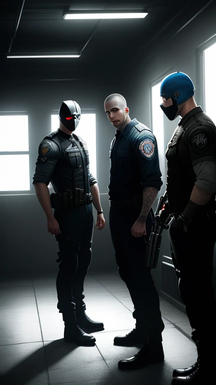 three men in prison uniforms stand in a dimly lit room, cinematic cgsociety, payday 2, cgsociety 9, detailed cinematic photography, arkham, by Richard Kane Ferguson, photorealistic dark concept art, riot entertainment realistic, hyperrealistic fantasy art, prison scene, promotional images, prison background, arkham city, game cg, cinematic keyframe, promo image  