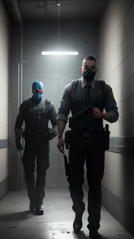 three men in prison uniforms stand in a dimly lit room, cinematic cgsociety, payday 2, cgsociety 9, detailed cinematic photography, arkham, by Richard Kane Ferguson, photorealistic dark concept art, riot entertainment realistic, hyperrealistic fantasy art, prison scene, promotional images, prison background, arkham city, game cg, cinematic keyframe, promo image  