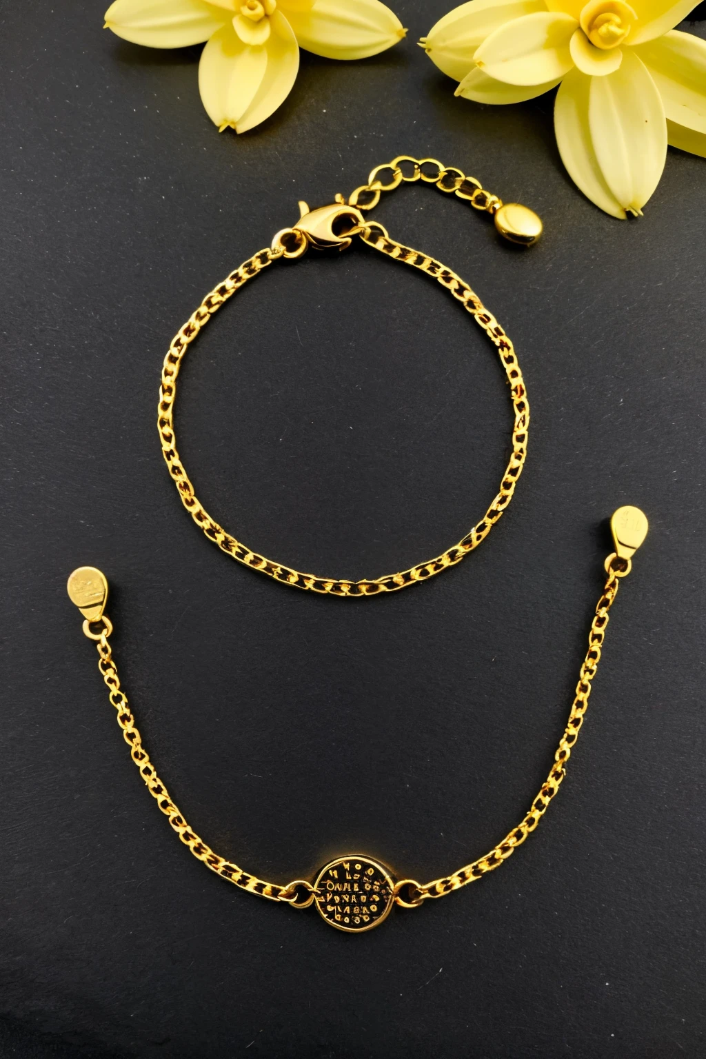 ((mejor calidad)), ((Obra maestra)), (detallado), Gold link bracelet with the word Loviñeu in Morse code in the middle where the dots are represented as silver links and dashes as gold links.