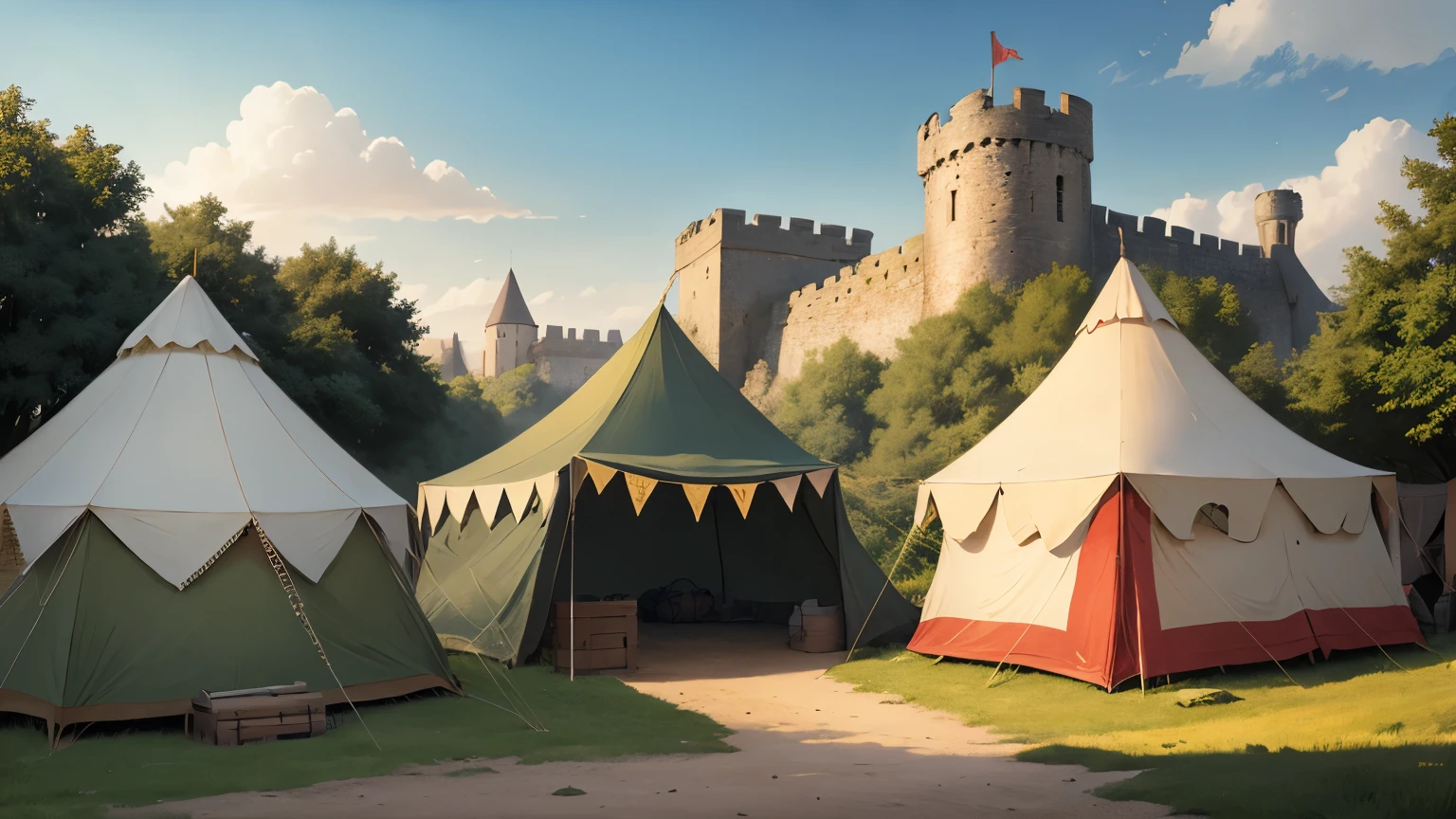 (Different world scene,Medieval military camp)summer,tent,City Wall,Fence,banner,ordnance