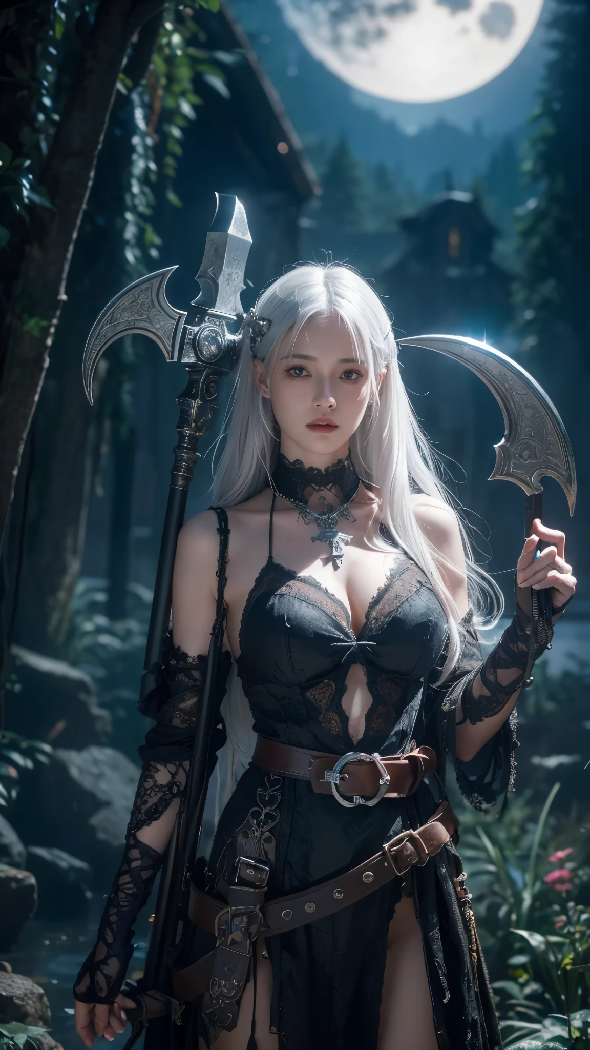 RAW photo, (masterpiece:1.3), subsurface scattering, heavy shadow, (high quality:1.4), (intricate, high detail:1.2), professional photography, HDR, High Dynamic Range, realistic, ultra realistic, photorealistic, high resolution, film photography, ambient lighting, atmospheric effects, OverallDetail,1girl, axe, bat \(animal\), breasts, cross, full moon, jewelry, long hair, magic, medium breasts, necromancer, pauldrons, pouch, scythe, skull, standing, upper body, white hair, epiCPhoto