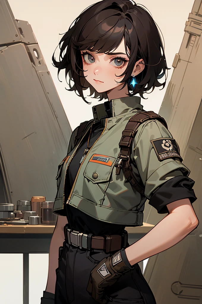(high-quality, breathtaking),(expressive eyes, perfect face) Symmetrical Eyes, portrait, Star Wars Universe, 1girl, female, adult, mechanic, punk jacket, shirt, short sleeved, gloves, pants, belt, wrench, crystals, messy hair, black hair color, brown eye color, short hair length, stylized hairstyle, pixie haircut, tall, technician outfit, engineer, sci fi workshop background, work bench, tools, , narrow eyes, dog tag necklaces, soft smile, soft eyelashes, age 28