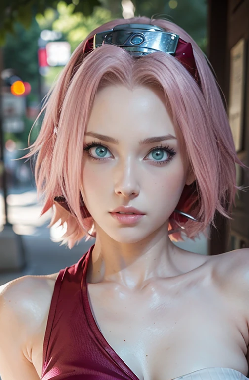 young woman, short shoulder-length pink hair, wide forehead, porcelain skin, pink eyebrows, big emerald green eyes, buttoned nose, full lips, heart-shaped face, slender body, small breasts, red tank top, Sakura Haruno , realistic, realism, details, 3d, well detailed
