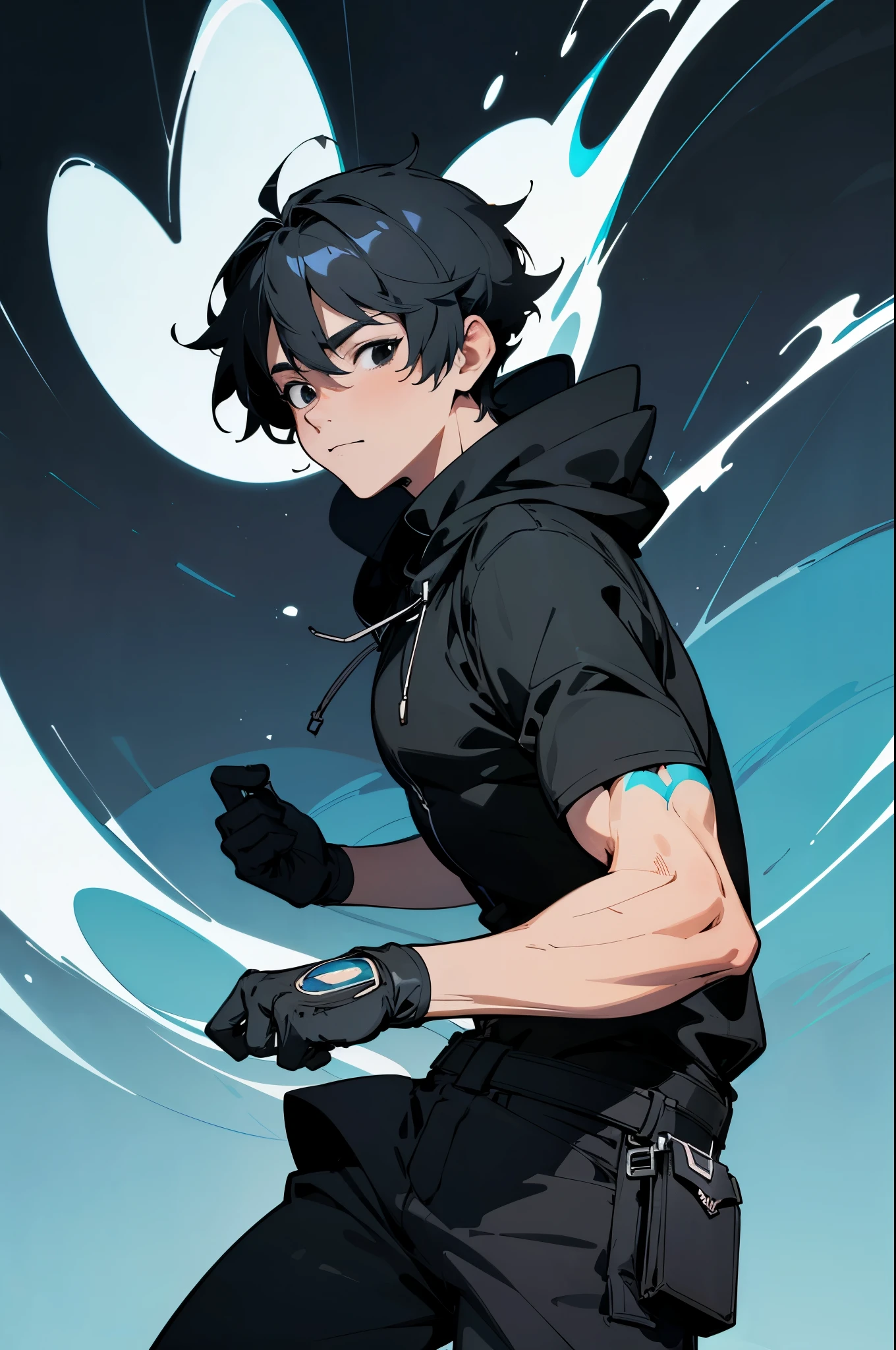 Ultra Detailed, 1boy, Official Art, Unity 8k Wallpaper, fanart, commissioned art, professional artist, digital art, alluring, face, ((flat color)), ((celshade)), black shirt, black hoodie, black eyes, black long pants, black gloves, blue background, Buff guy, short hair.
