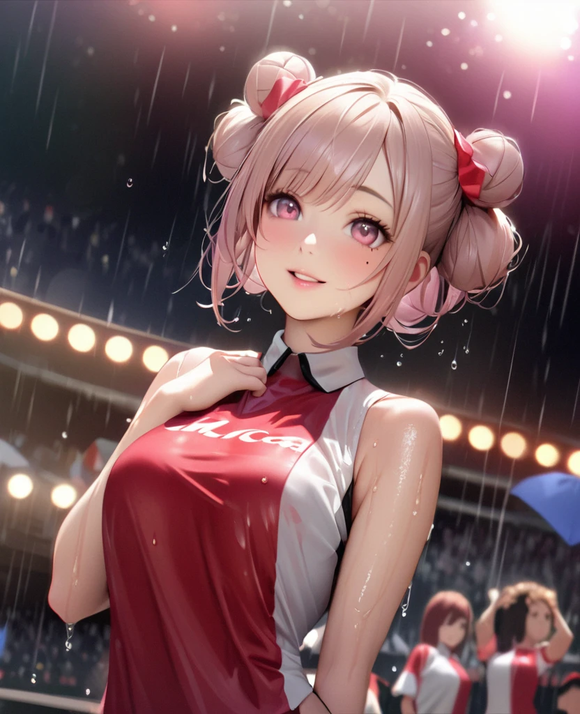 One Girl、Looking at the audience、lovely,
Beautiful pink eyes、Two brown double hair buns , Mole under the eye、Plump and glossy lips、Heart-shaped choca、Dance team uniformini skirt, Her name is May,smile、ー、。.。.。.。.。.。.。.。.。.。.。.。.。.。.。.。.。.。.3D、Realistic、
Dance team uniforms was soaked in the heavy rain, and her chest was wet and transparent.Heavy rain at outdoor concert, Drape clothes、gem、The decoration has been removed、Floral、Lace trim,On a glittering stage、
masterpiece、highest quality、8k、Detailed skin texture、Detailed cloth texture、Beautifully detailed face、Intricate details、Very detailed、
超A high resolution、8k Ultra HD、Film Grain、Best Shadow、delicate、Gazing at the audience、front