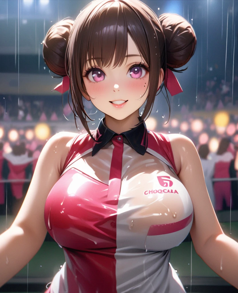 One Girl、Looking at the audience、lovely,
Beautiful pink eyes、Two brown double hair buns , Mole under the eye、Plump and glossy lips、Heart-shaped choca、Dance team uniforms、Her name is May,smile、ー、。.。.。.。.。.。.。.。.。.。.。.。.。.。.。.。.。.。.3D、Realistic、
Dance team uniforms was soaked in the heavy rain, and her chest was wet and transparent.Heavy rain at outdoor concert, Drape clothes、gem、The decoration has been removed、Floral、Lace trim,On a glittering stage、
masterpiece、highest quality、8k、Detailed skin texture、Detailed cloth texture、Beautifully detailed face、Intricate details、Very detailed、
超A high resolution、8k Ultra HD、Film Grain、Best Shadow、delicate、Gazing at the audience、front