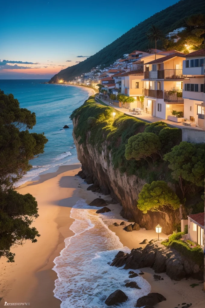 ((desenho)) uma paisagem de uma pequena vila litoral a noite