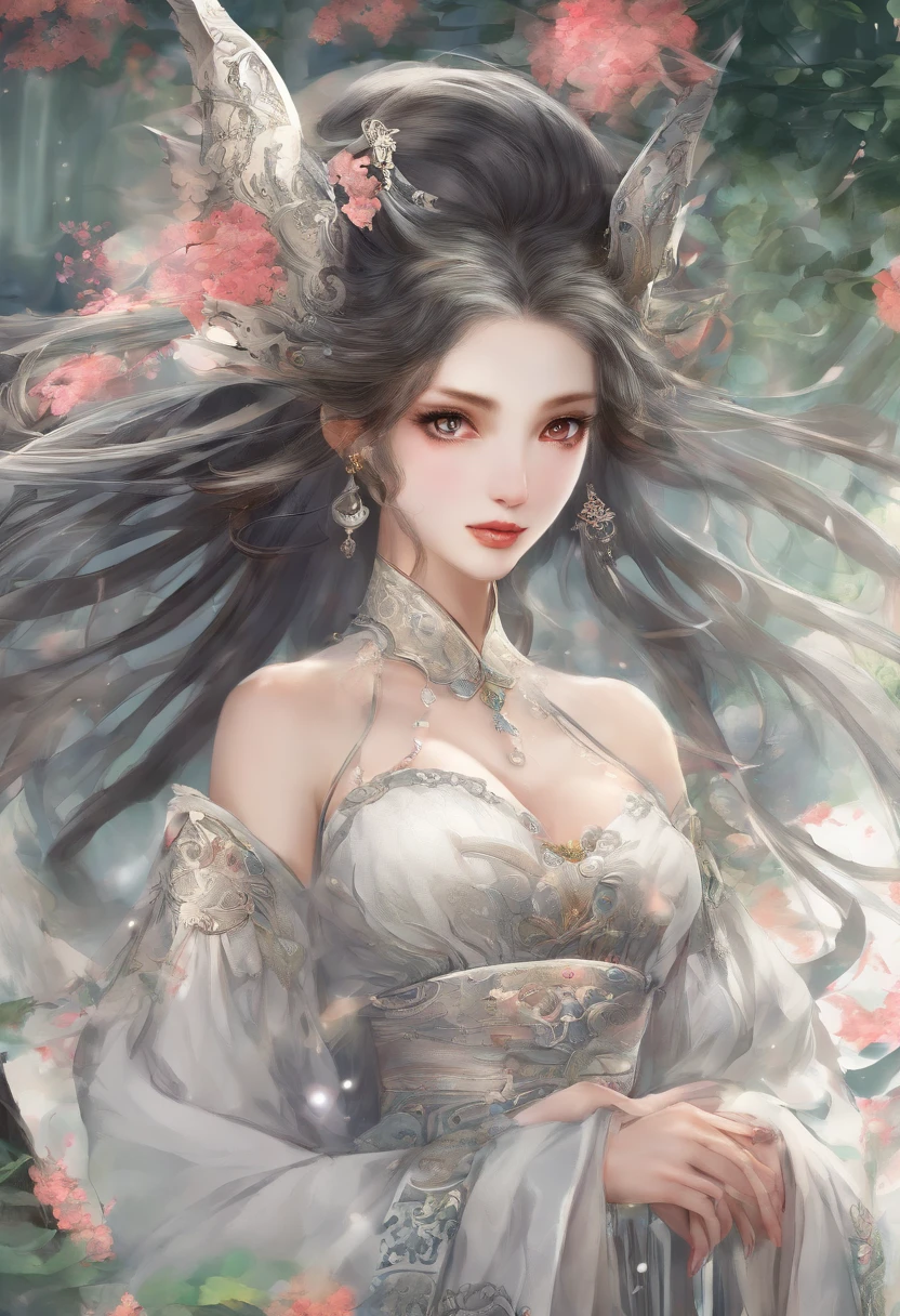 best quality,masterpiece,Ultra-high resolution,(photoactual:1.4),beautiful_Face,Twenty-five-year-old oriental nine-tailed demon fox woman,bright eyes,cleavage,Long silver hair above the waist,Wearing Ming Dynasty clothes(Bright 1:0),On the antique wooden bridge,Oil paper umbrella in hand,walking room,