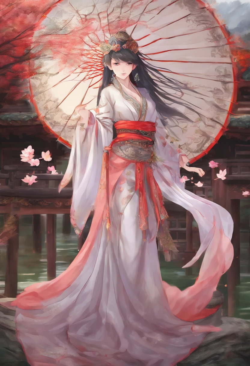 best quality,masterpiece,Ultra-high resolution,(photoactual:1.4),beautiful_Face,Twenty-five-year-old oriental nine-tailed demon fox woman,bright eyes,cleavage,Long silver hair above the waist,Wearing Ming Dynasty clothes(Bright 1：0）,On the antique wooden bridge,Oil paper umbrella in hand,walking room,