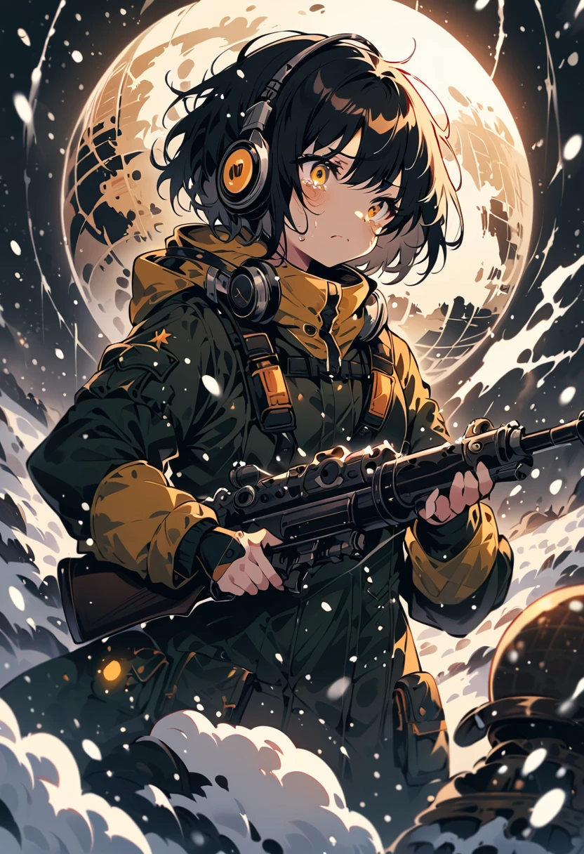 (extremely detailed fine touch:1.3), kawaii girl, (super very black short hair:1.3), (yellow glasses:1.3), underrim_metal, headphones, globe, holding a rifle, falling snow, tearful, serious atmosphere, (snow:1.3)