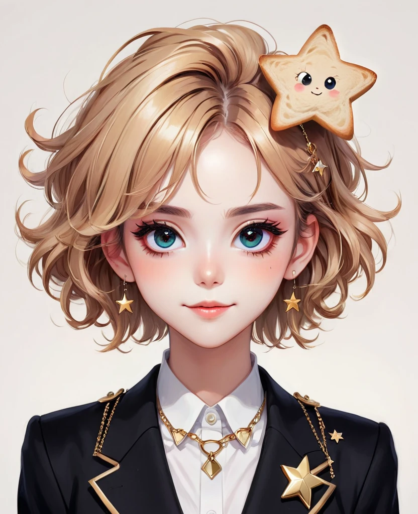 (Digital Illustration，Detailed anime style girl portrait，solitary，symmetry)，(Colorful big eyes，Fashionable and exquisite facial features，Exquisite makeup，sweet smile，Star symbol on cheek，Soulful gaze，)，(Fluffy bread，hairpin)，(Black suit，Epaulette Chain，Cool，)，Clean and simple white background，(((Correct human anatomy)))，belt，hand