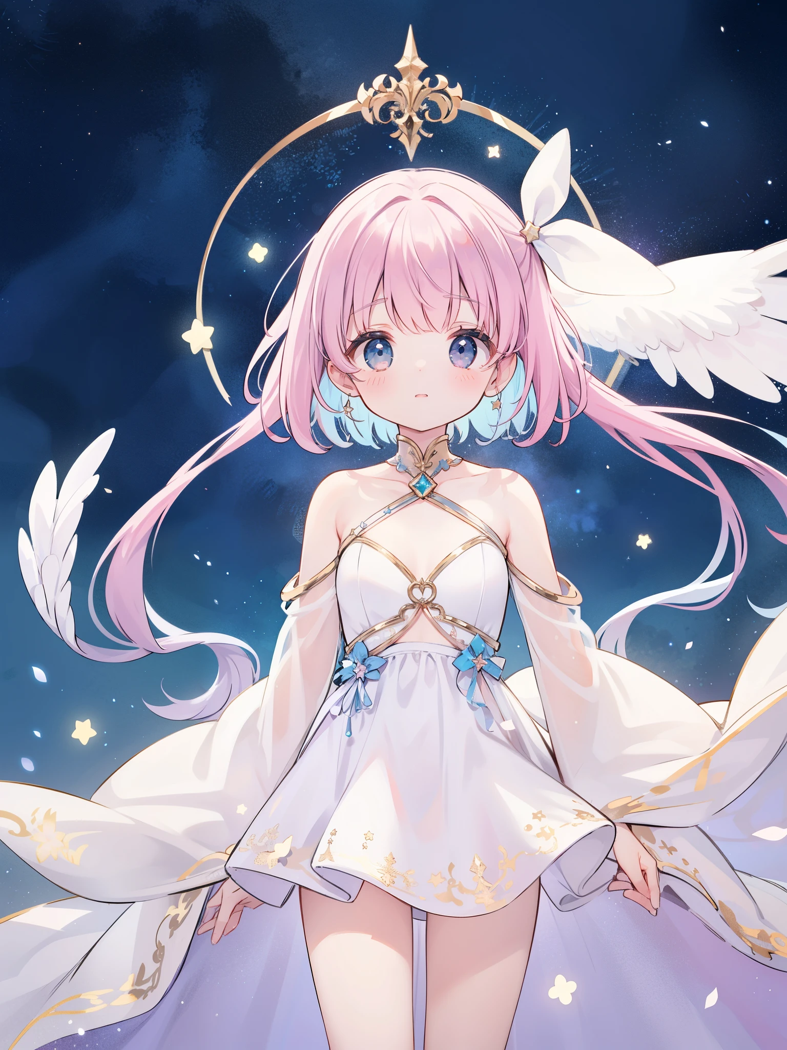 complex background, wishing star background, a woman wearing an ethereal mystical pink translucent dress that reflects the stars, dreamy, peaceful, serene composition, glowing stars, glowing, mystic, complex drawing, highly detailed, ethereal, starry night, midjourney style