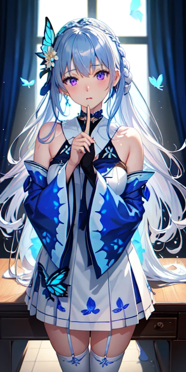 (俯瞰figure),Dynamic Angle,Super detailed, figure, close, Straight, One girl, (Fantasy:1.4), ((Purple eyes)),Her eyes shone like dream-like stars,(Glowing Eyes:1.233),(Beautiful and detailed:1.1),(Silver Hair:1.14),(Messy Hair,Very long hair,French Braid,Hair between the eyes,Side Lock), (+(Blue Hair Flower:1.14)),(Chiffon dress,blue floral pattern on uniform)/=(uniform:1.24),(Removable sleeves,Wide sleeves),(Fingerless gloves),choker,(Shrine Maiden Knee Socks),High heel boots,(Expressionless,Mouth closed),(Are standing), (In the white ancient palace、Classic princess bedroom with dressing table and French windows),(White flower,bloom),(Deep Sea),(water flowing),(Dull Blue World Tree:1.14),(Remains),(night:1.2),dream-like,soul,(fluorescence),(Flying translucent blue butterfly:1.15), [[Delicate fingers and hands:0.55]::0.85],(Finger details),(Soup packets:0.5),