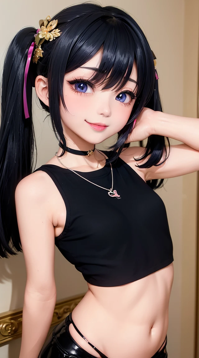  (masterpiece:1.3), (Best Quality:1.3), (Ultra-detailed:1.2), ((kawaii)), Cute, (lovely), ((sexy)), ((Extremely detailed)), 4K, (8K), Best Quality, (Beautiful), Illustration, anime style, (bold line:1.2), Gradation, looking at viewer, //, (bent down:1.1), (arms behind back), //, a cute girl, 1girl, (solo:1.2), gleaming skin, //, (flat chested), (Perfect eyes:1.2), (Perfect iris:1.2), //, darkblue hair color, (beautiful eyes) //, (half closed eyes:1.3), (sexual expression:1.2), Fascinated expression, smile, (blush:1.2), //, modern city background, on rock, twin tails, muscle girl, hard abs, exposed abs, NECKLACE, tight blouse, skirt