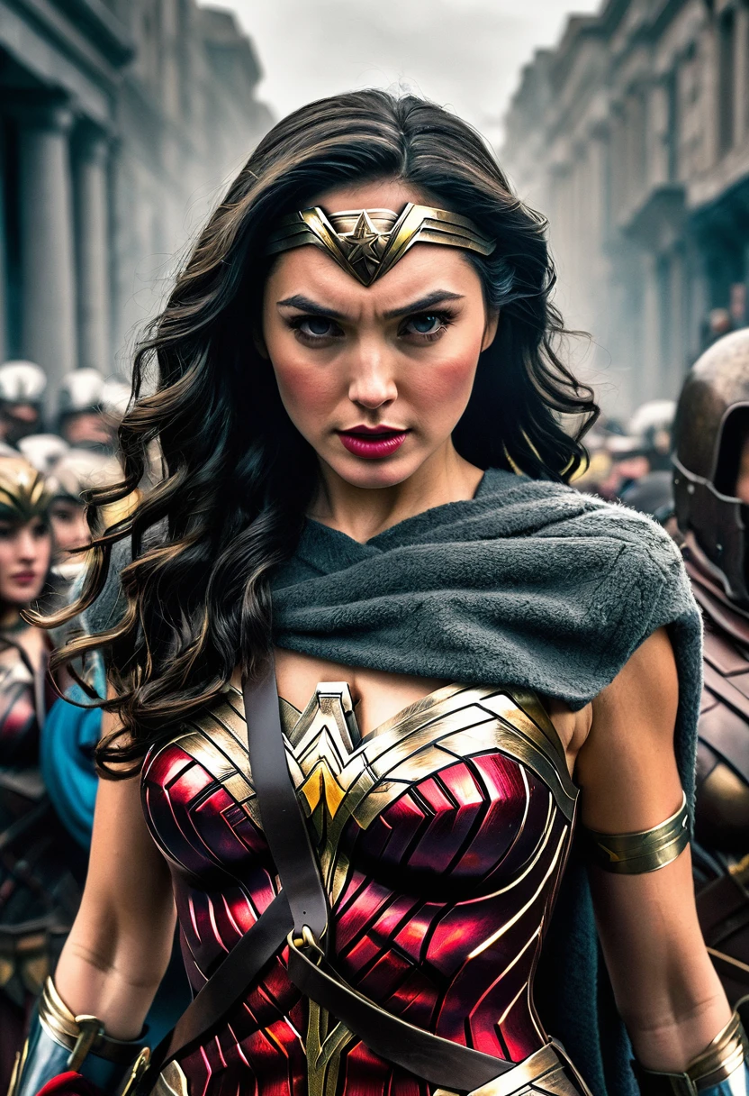 Very close up (((Depredador yautja))) Wonder Woman costume surreal and cinematic image images color Splash