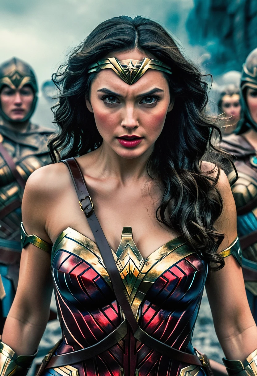 Very close up (((Depredador yautja))) Wonder Woman costume surreal and cinematic image images color Splash