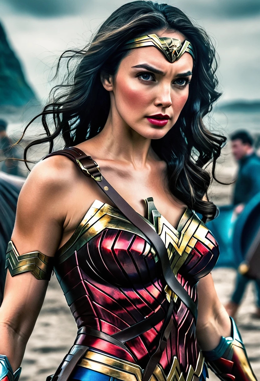 Very close up (((Depredador yautja))) Wonder Woman costume surreal and cinematic image images color Splash