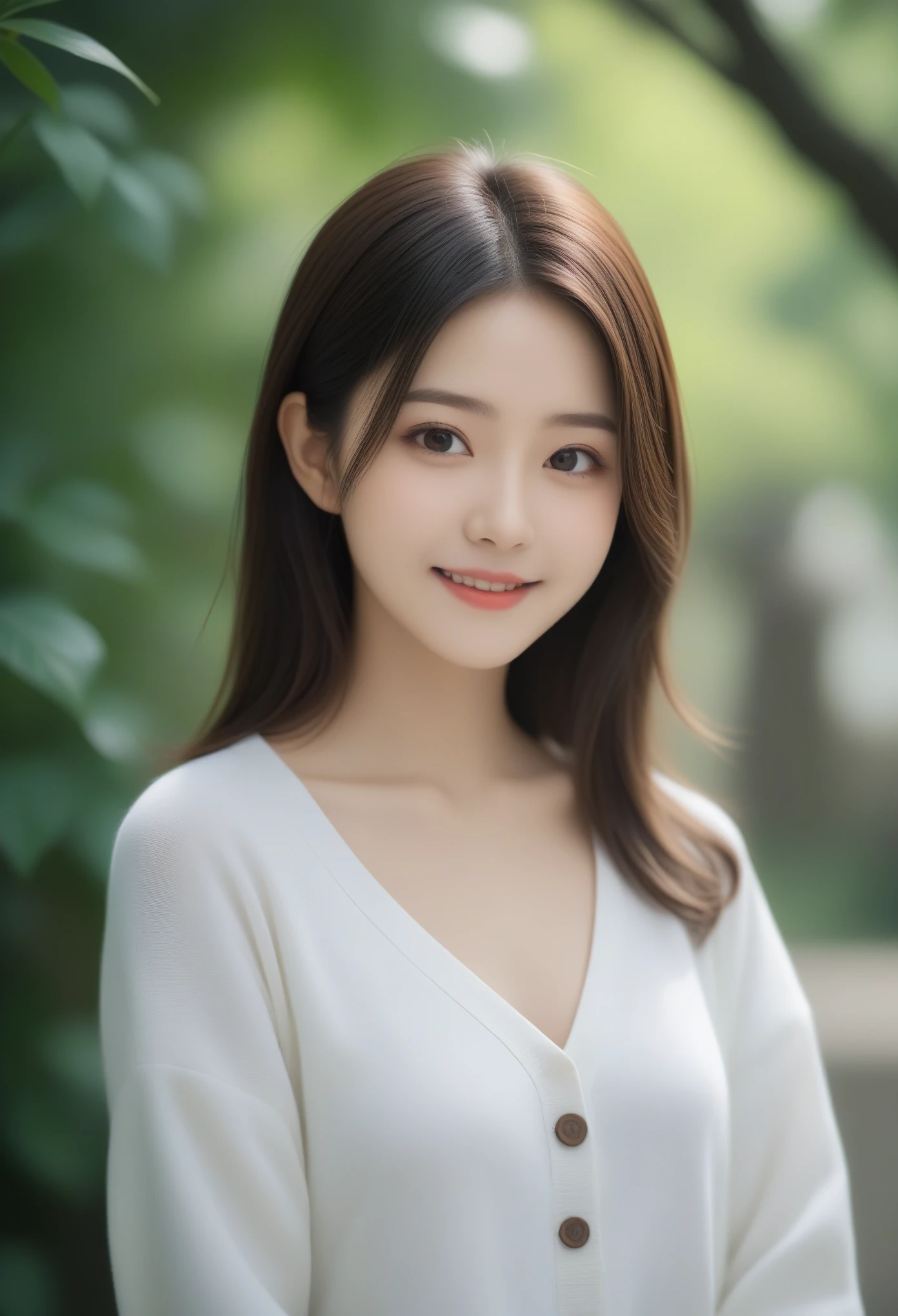 8k, Ultra-high resolution, Highest quality, masterpiece, 三分割法によるphotograph,Surreal, photograph, 1 girl, (16 years old:1.3), pretty girl, Cute face, Beautiful eyes in every detail, 細かくdetailedに,masterpiece,, One Girl:1.2, Japan Female Announcer,Young Wife,Urban area,street tree,green,White shirt,cardigan,Summer knitwear,Full of cleanliness,A carefree smile,Healing the heart,Looking at the audience、beauty,Long neck、Laugh a little、Please close your mouth and laugh、(((Ideal body type))),A-cup small breasts :2,、Portraiture:2、Perfect Anatomy、鮮明なdetailed、detailed、Surreal、Light and shadow,Strong light