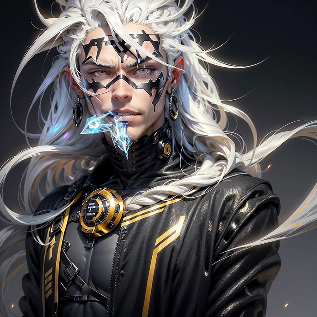 Generate an image of a detailed extreme close-up of a handsome cybernetic male angel , with long straight white hair and super fined detail radiant gold/black eyes color combination with intricate engraved golden marking on his face , smirking expression teeth expose a little, in super with black feather falling on his foreground high qaulity image, ultra detailed , 32k high resolution