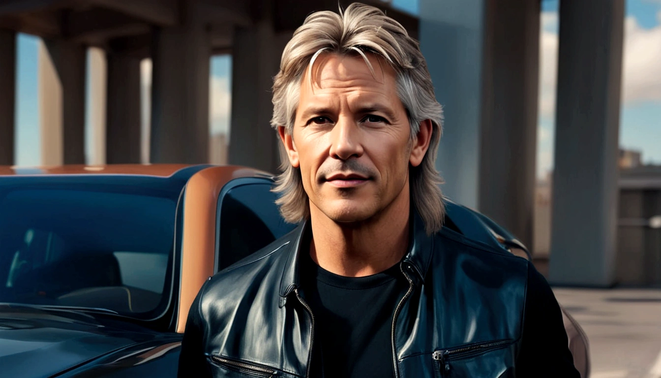 a young man called lineker, 50 years old, he has a face similar to Jon Bom Jovi, he has light hair, brown eyes, black blouse, black pants, black sneakers, he is opening the door to his apartment