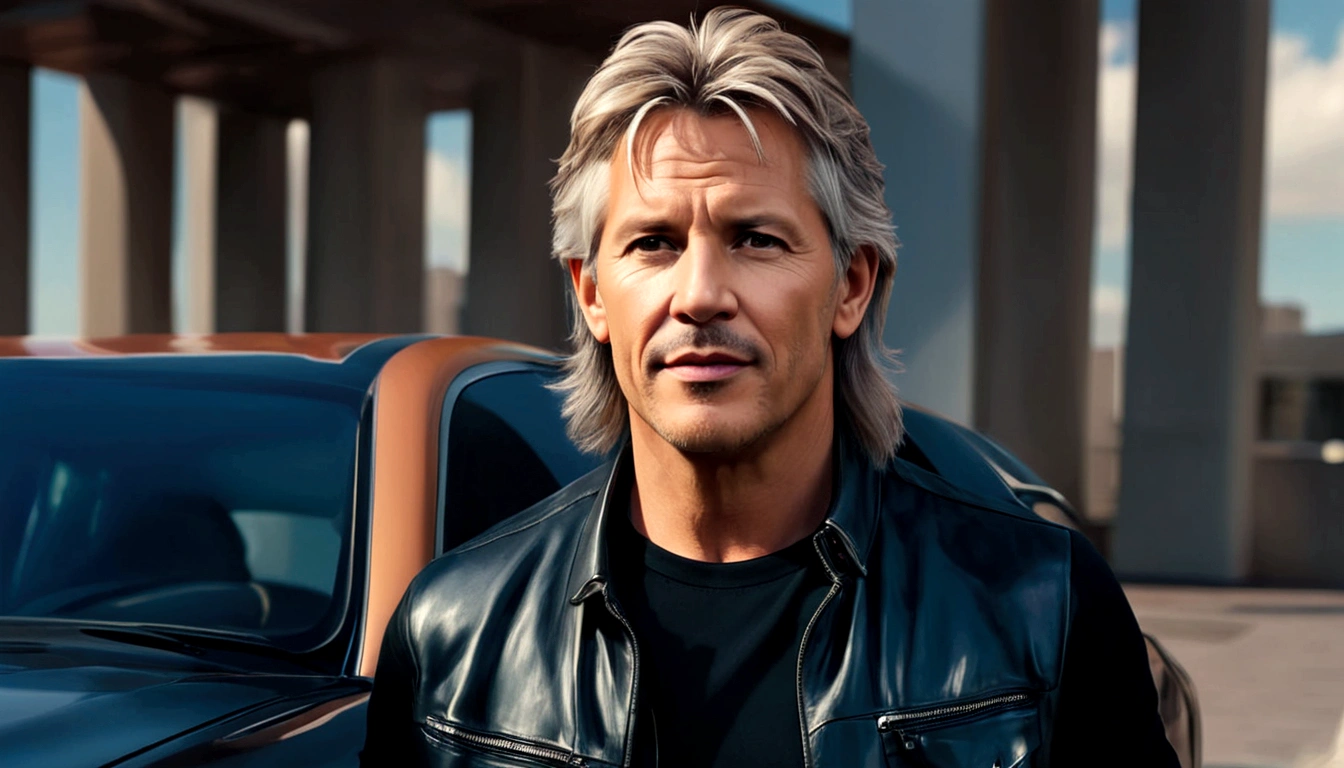 a young man called lineker, 50 years old, he has a face similar to Jon Bom Jovi, he has light hair, brown eyes, black blouse, black pants, black sneakers, he is opening the door to his apartment