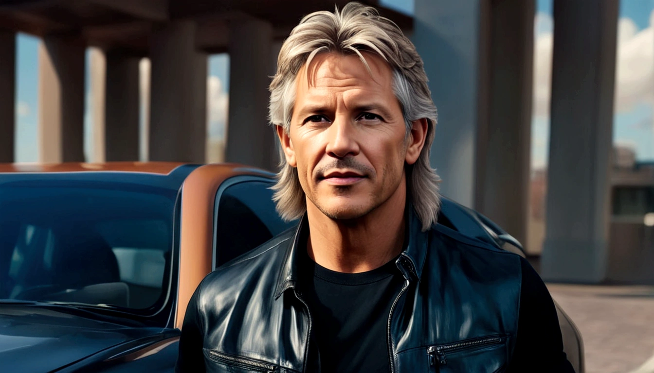 a young man called lineker, 50 years old, he has a face similar to Jon Bom Jovi, he has light hair, brown eyes, black blouse, black pants, black sneakers, he is opening the door to his apartment