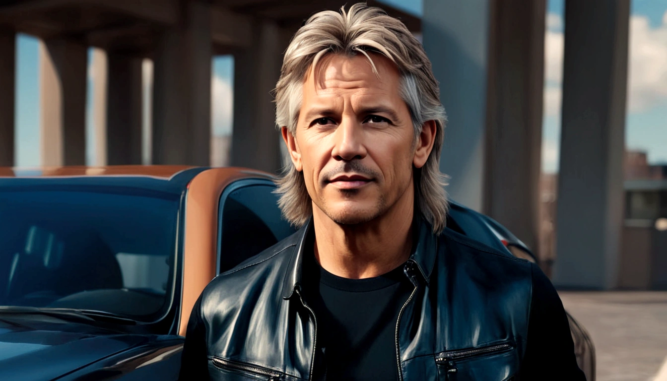 a young man called lineker, 50 years old, he has a face similar to Jon Bom Jovi, he has light hair, brown eyes, black blouse, black pants, black sneakers, he is opening the door to his apartment