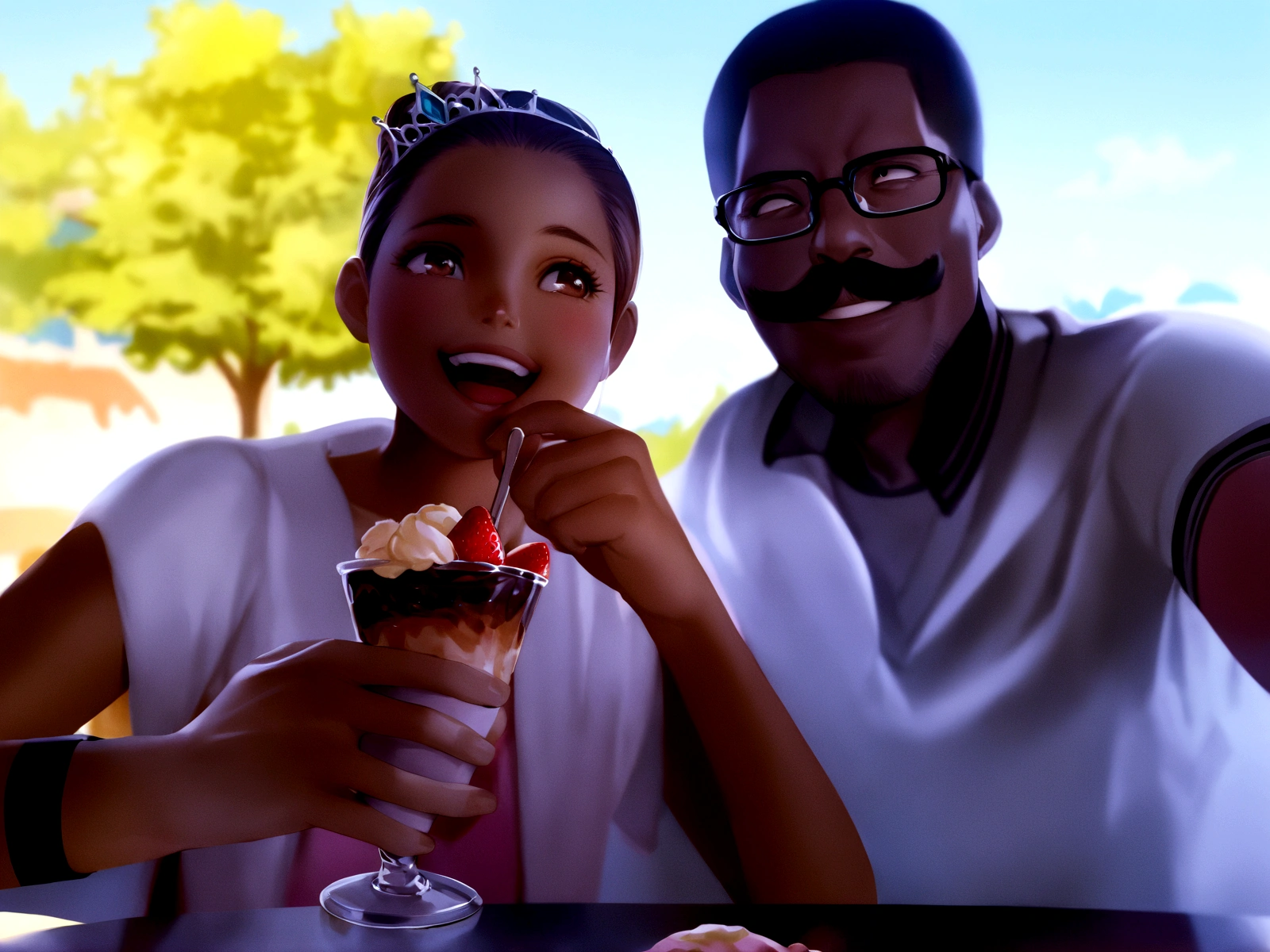 Background: with cloud and a tree with an atmosphere of joy. Two people are talking, laughing and eating chocolate and strawberry ice cream.
Characters: Girl of approximately , honey-colored skin, with brown hair tied up and a tiara with a flower on the left side, her brown eyes are sitting, looking around. Black man with black hair with mustache, dark brown eyes, wearing glasses talking to the girl. High Quality Disney Pixar Cartoon Image