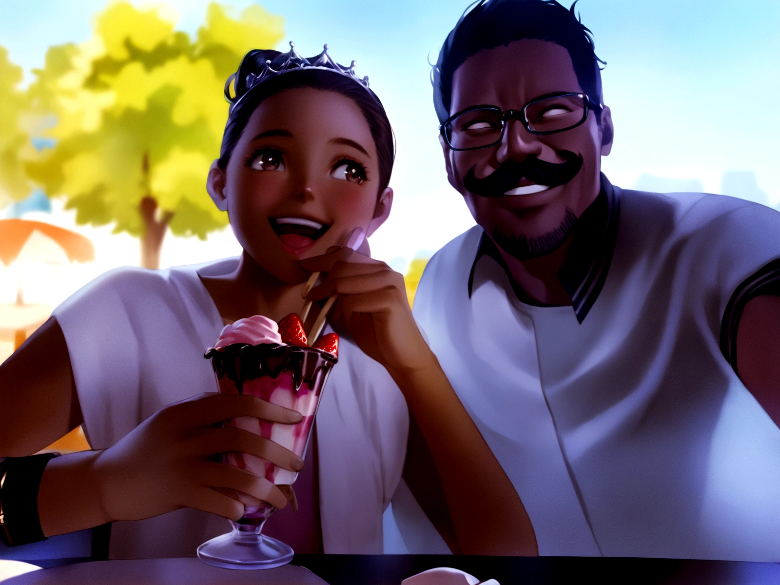 Background: with cloud and a tree with an atmosphere of joy. Two people are talking, laughing and eating chocolate and strawberry ice cream.
Characters: Girl of approximately 9 years old, honey-colored skin, with brown hair tied up and a tiara with a flower on the left side, her brown eyes are sitting, looking around. Black man with black hair with mustache, dark brown eyes, wearing glasses talking to the girl. High Quality Disney Pixar Cartoon Image